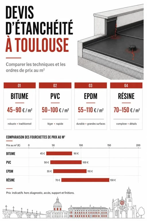 Devis étanchéité Toulouse : comparaison visuelle des techniques et des prix