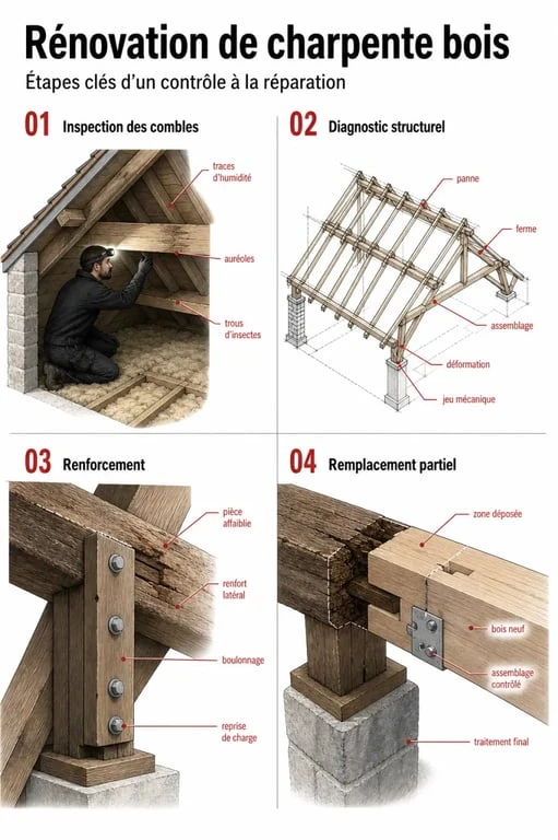 Rénovation charpente bois en 4 étapes : inspection, diagnostic, renforcement et remplacement