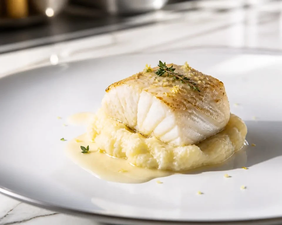 Recette gastronomique de grand chef de cabillaud nacré, écrasé de pommes de terre et beurre blanc citronné