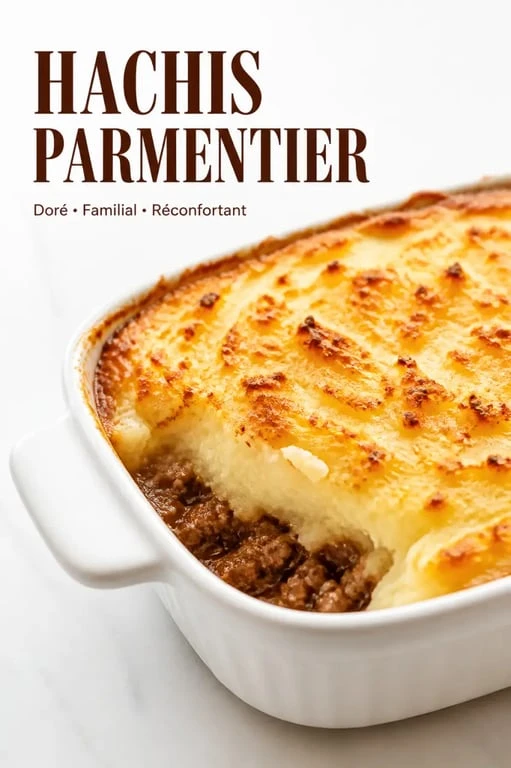 Vieilles recettes de cuisine de grand-mère : hachis parmentier doré en gros plan dans un plat à gratin