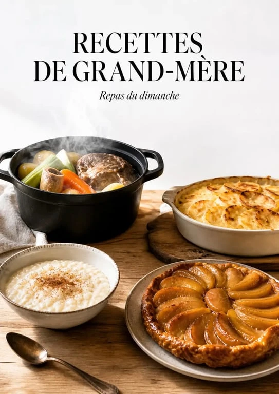 Vieilles recettes de cuisine de grand-mère servies sur une table familiale avec pot-au-feu, gratin dauphinois et tarte aux pommes