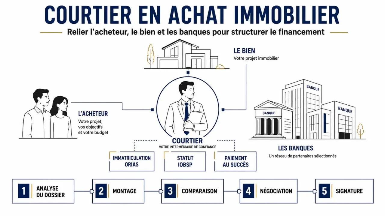 Courtier en achat immobilier expliqué dans une infographie éditoriale avec étapes du financement et repères réglementaires
