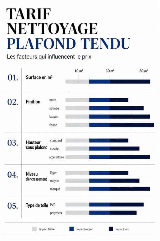 Tarif nettoyage plafond tendu : visualisation des facteurs de prix selon la surface, la finition, la hauteur et l’encrassement
