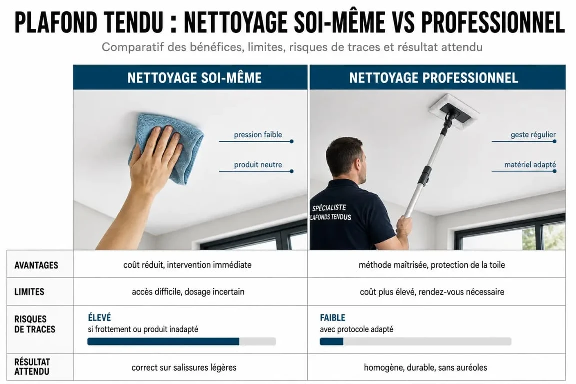 Tarif nettoyage plafond tendu : comparaison visuelle entre nettoyage soi-même et intervention professionnelle