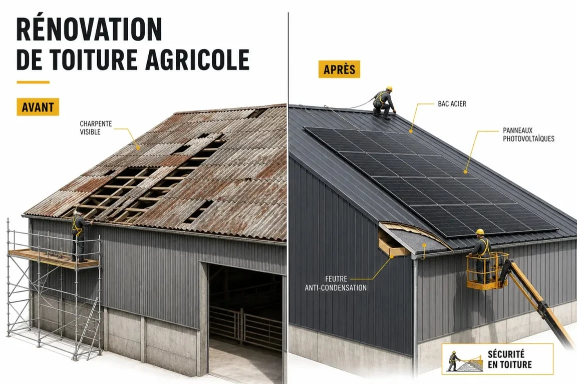 rénovation toiture bâtiment agricole sur hangar avec bac acier et panneaux solaires