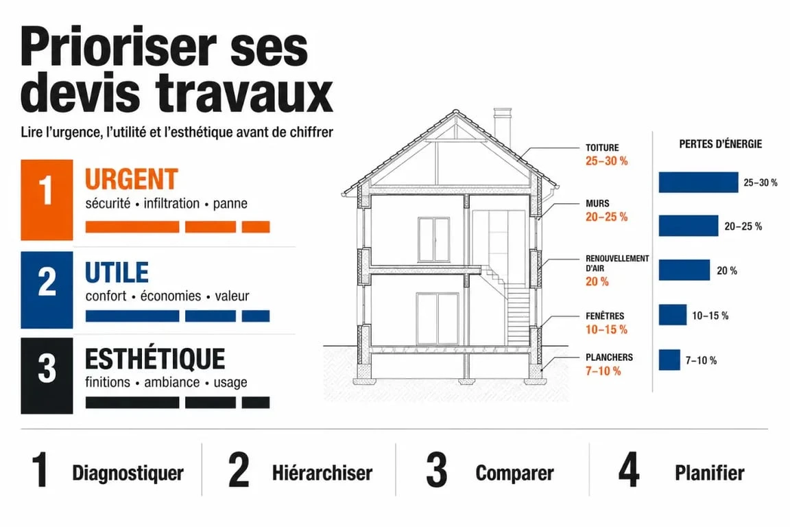 Infographie sur reno-express-travaux.fr devis pour travaux : prioriser les travaux urgents, utiles et esthétiques avec des repères chiffrés