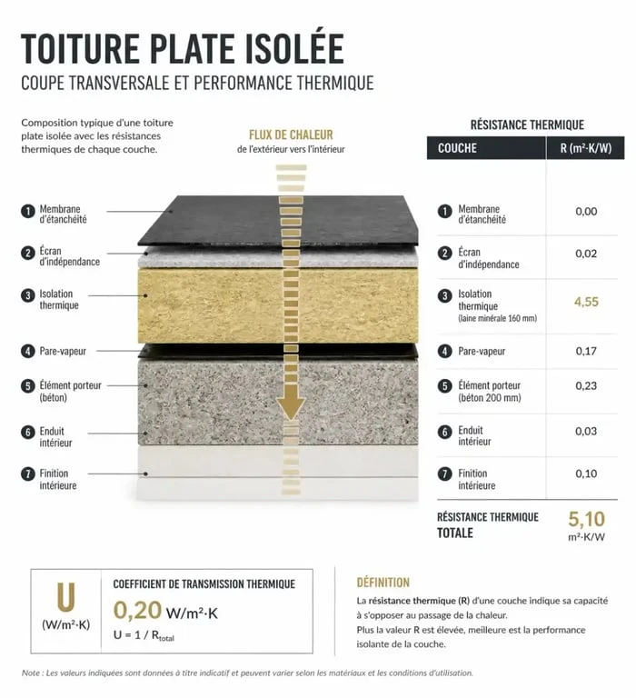 Schéma technique de la norme isolation toiture montrant la résistance thermique R et l'étanchéité