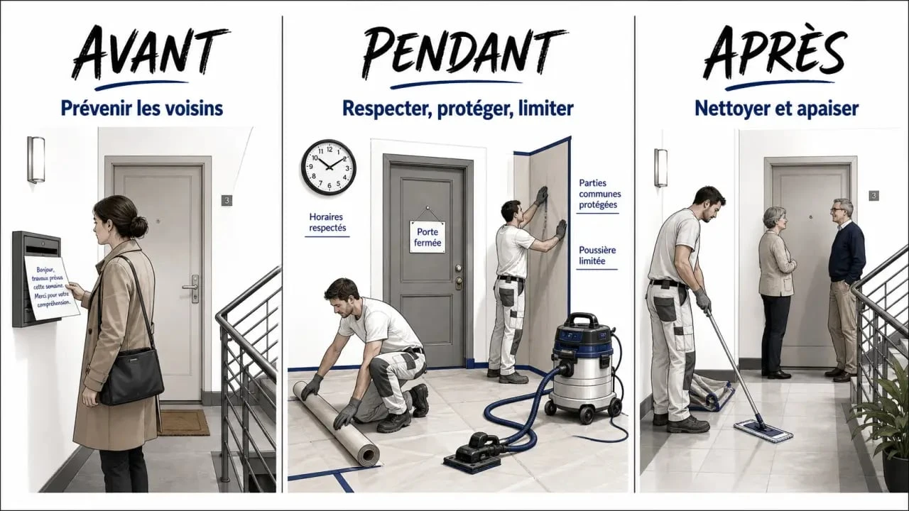 Travaux voisins : frise visuelle avant, pendant et après chantier en copropriété