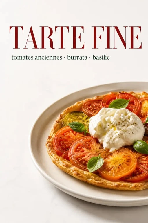 Cuisine et vin de France recettes : tarte fine tomates anciennes, burrata et basilic dressée sur assiette
