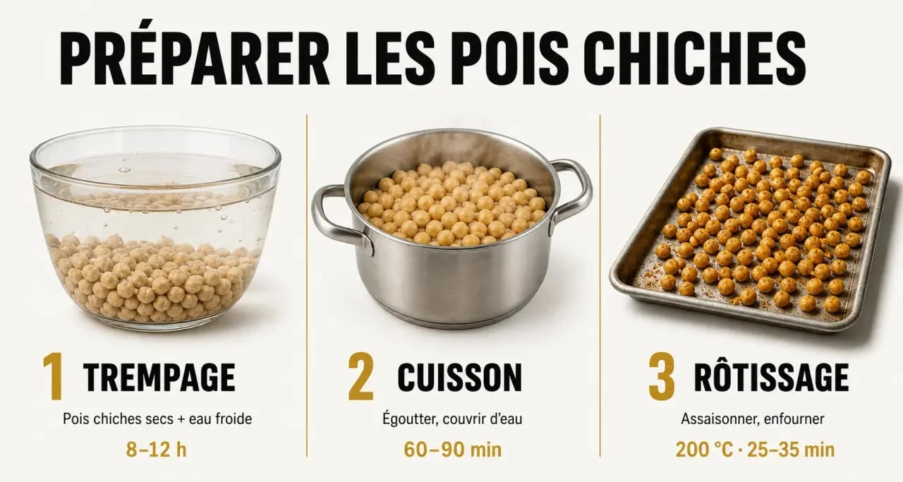 Préparation pois chiche : récapitulatif visuel des méthodes de trempage, cuisson et pois chiches rôtis