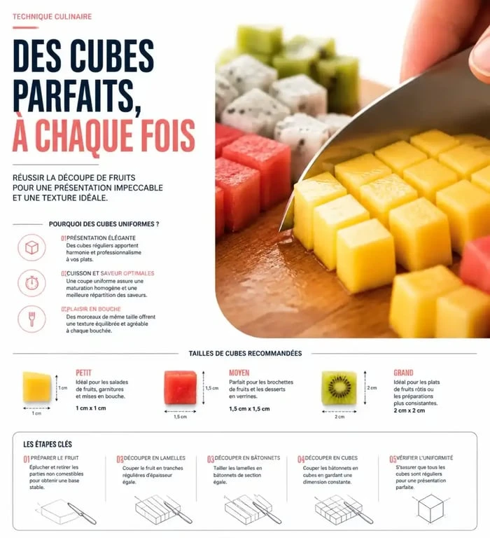 Préparation des fruits pour une salade au fruit recette avec découpe en cubes réguliers
