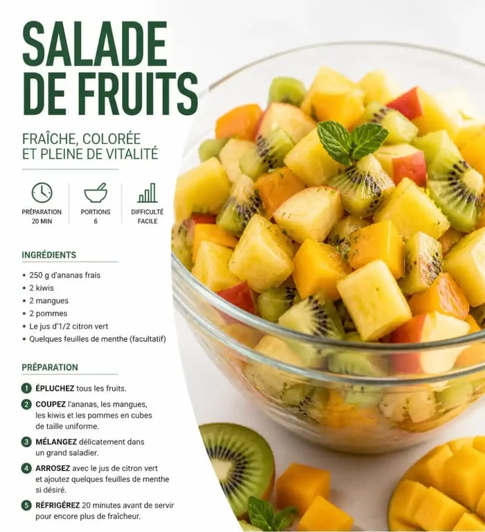 Salade au fruit recette fraîche et colorée dans un saladier en verre