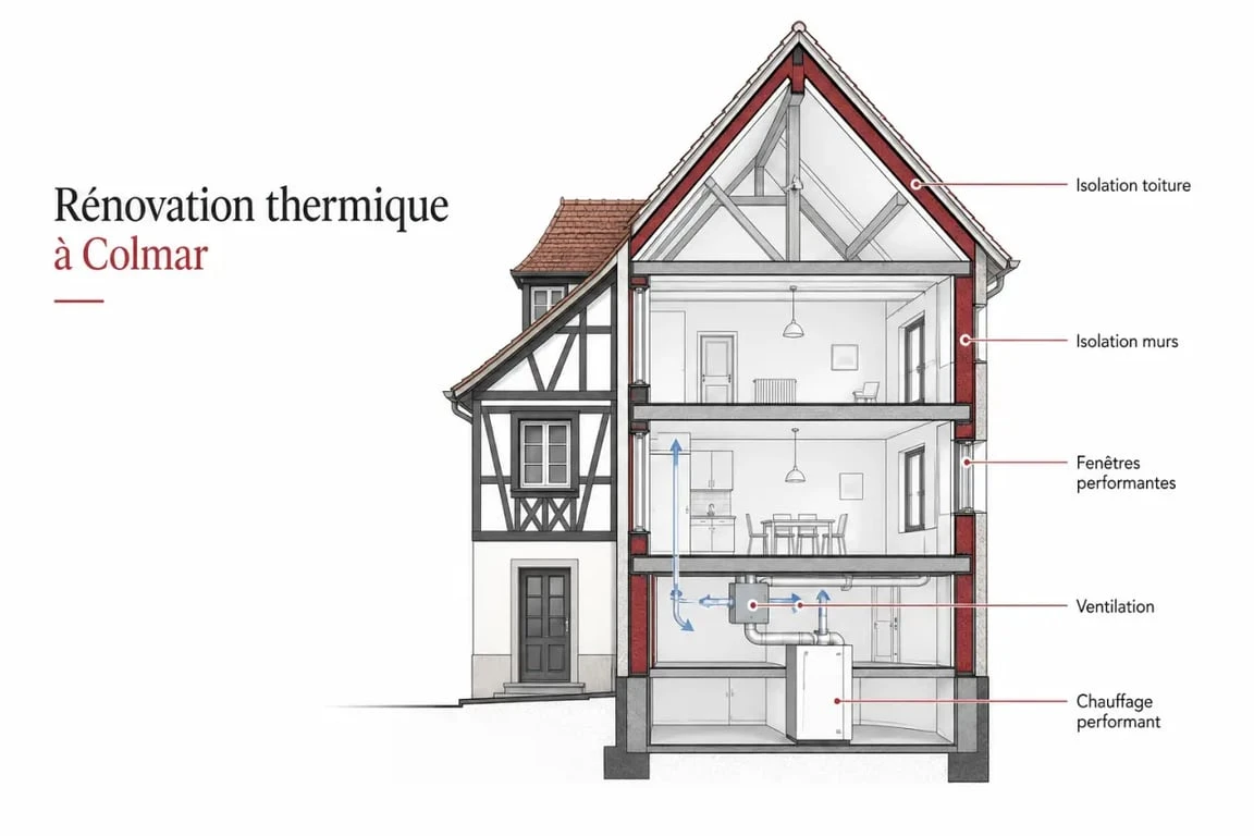 Rénovation thermique colmar : illustration éditoriale d’une maison alsacienne avec isolation, ventilation et chauffage performants