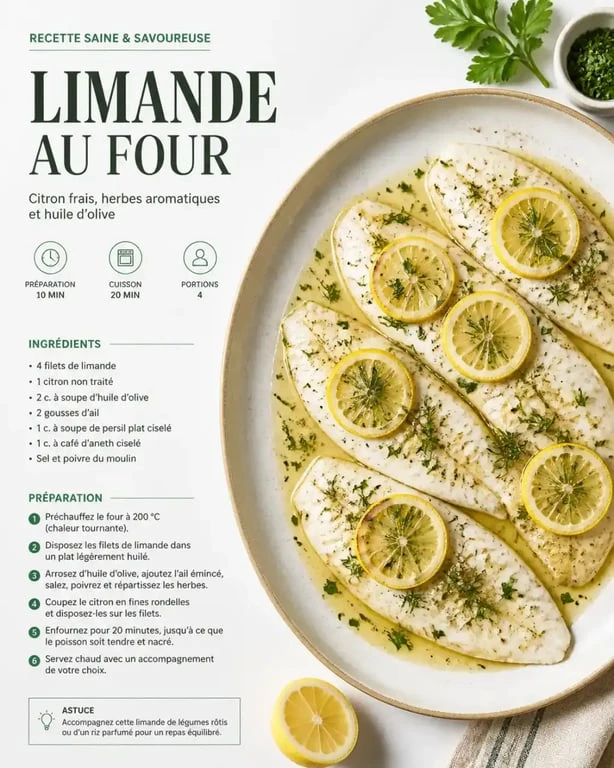 Recette de limande au four avec citron et herbes fraîches dans une assiette