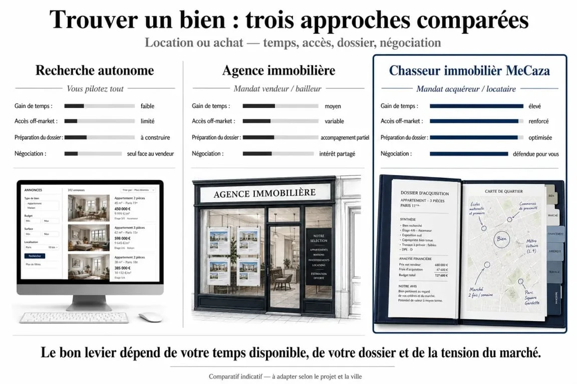 MeCaza chasseur immobilier location et achat : comparatif visuel entre recherche autonome, agence et chasseur immobilier