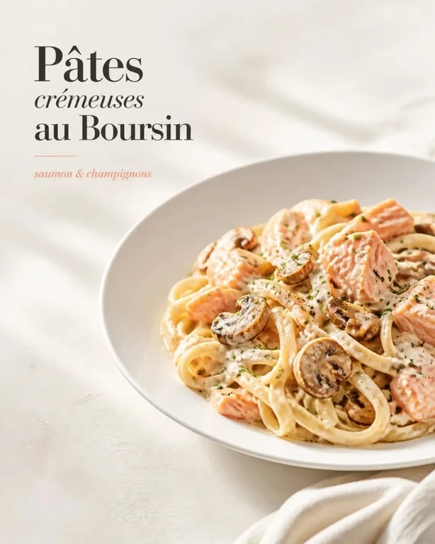 Recette boursin cuisine de pâtes crémeuses au saumon et champignons