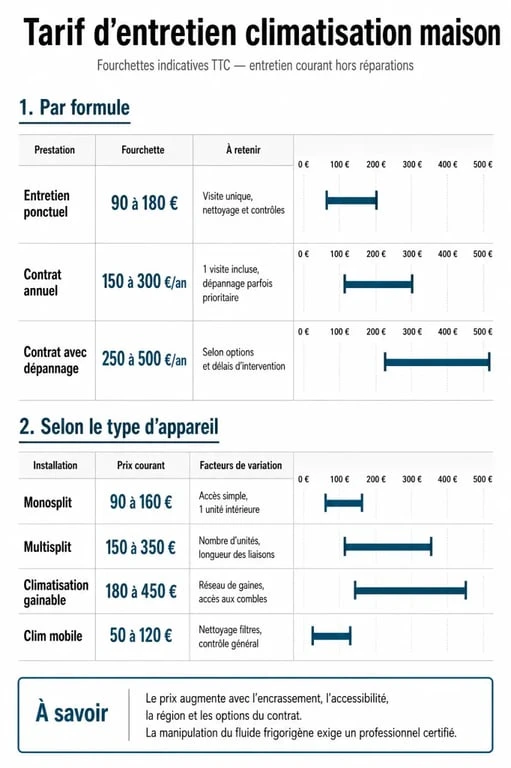 Tarif entretien climatisation maison : infographie comparative des prix selon le type d’entretien et d’installation