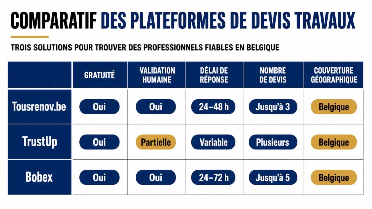 devis travaux tousrenov.be : comparaison visuelle entre Tousrenov.be, TrustUp et Bobex