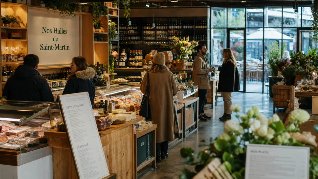 Les halles de saint martin à Fillière : halle gourmande, étals et terrasse