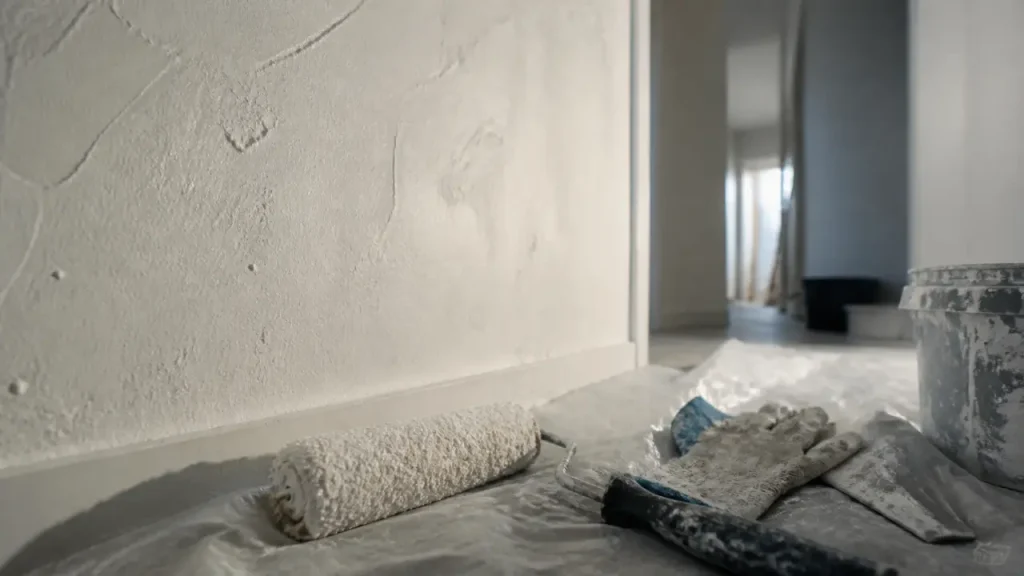 Peinture pour crepis interieur : mur crépi fraîchement peint, relief visible