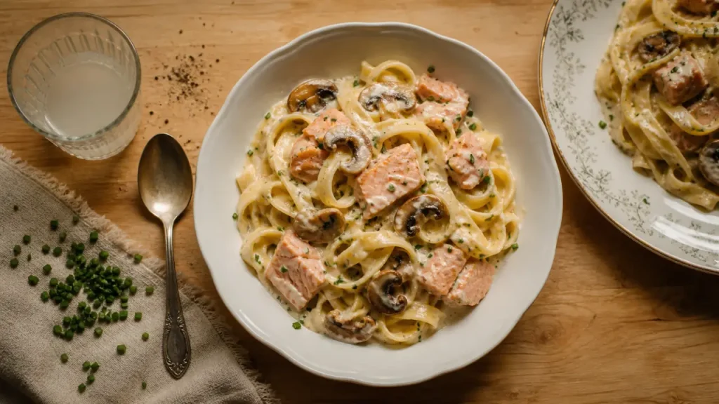 Recette boursin cuisine : pâtes crémeuses Boursin ail fines herbes au saumon et champignons