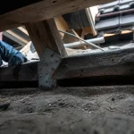 Rénovation charpente bois : inspection d’une panne en bois humide en combles