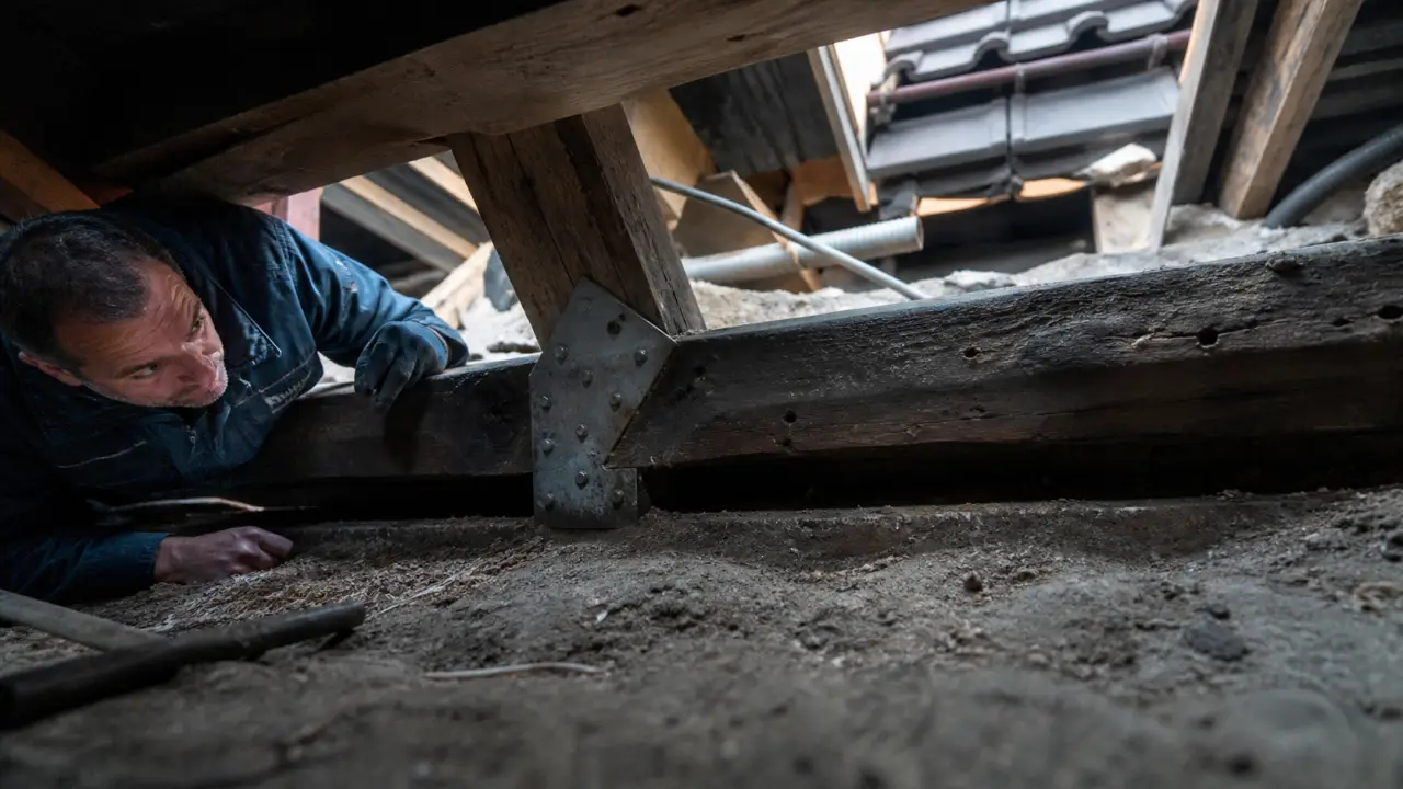Rénovation charpente bois : inspection d’une panne en bois humide en combles