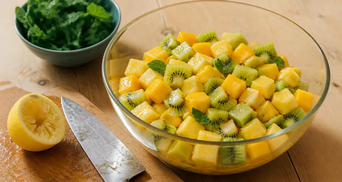 Salade au fruit recette maison en saladier de verre, fruits frais