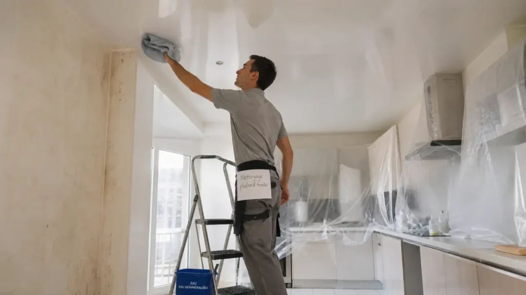 Tarif nettoyage plafond tendu : technicien nettoyant le plafond tendu