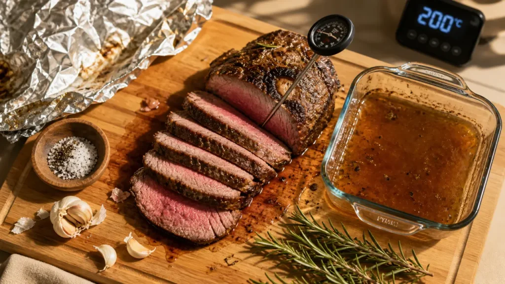 Temps de cuisson rosbeef au four chaleur tournante, rosbeef rôti et thermomètre