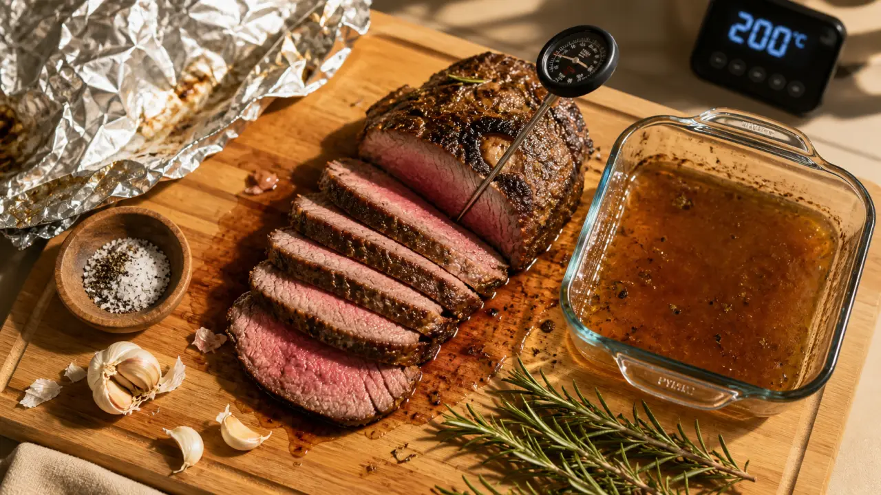 Temps de cuisson rosbeef au four chaleur tournante, rosbeef rôti et thermomètre