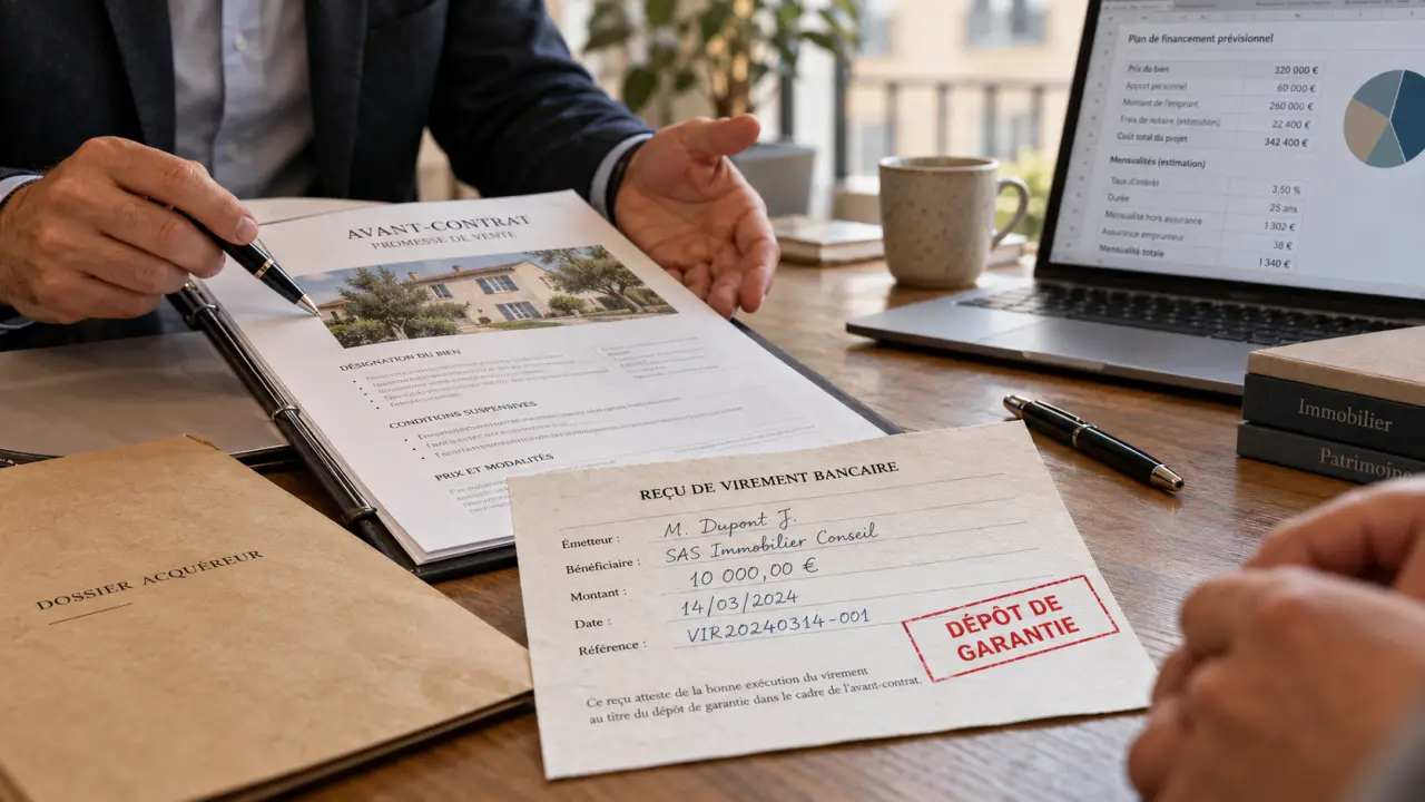 Dépôt de garantie achat immobilier : 5 à 10 %, enveloppe et dossier, rétractation 10 jours