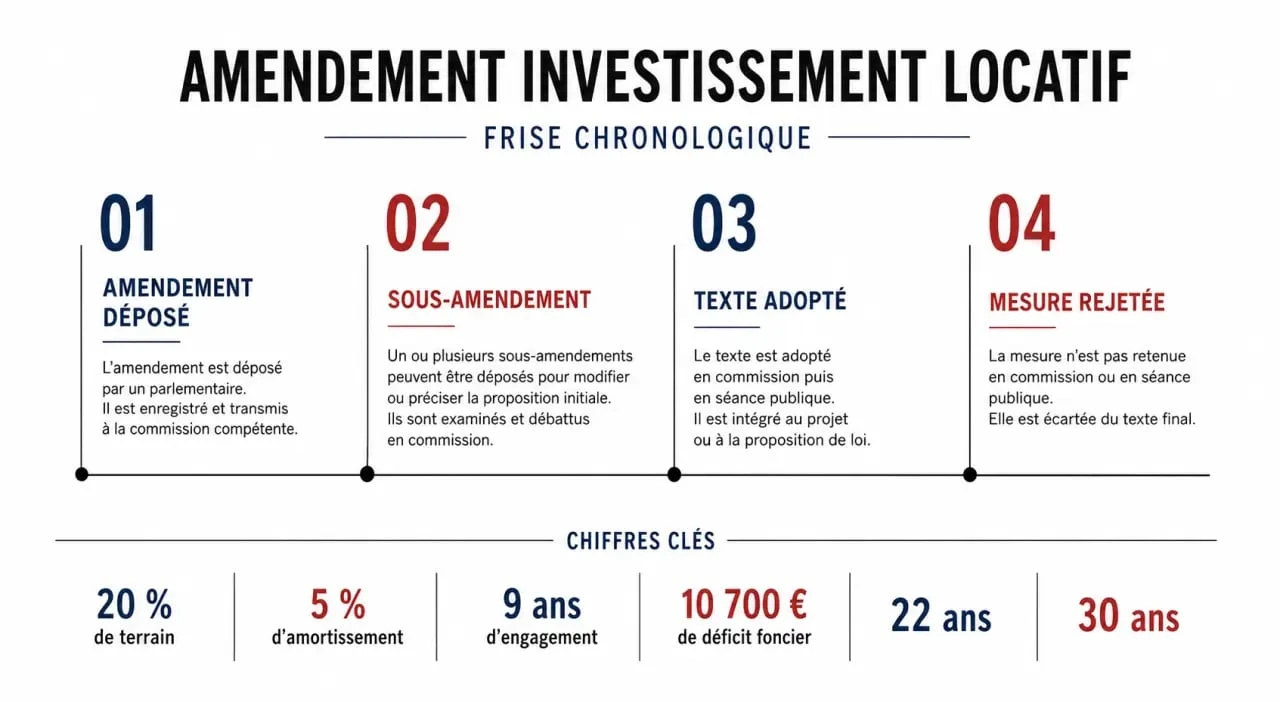 Amendement investissement locatif : frise chronologique des versions du texte et des chiffres fiscaux clés