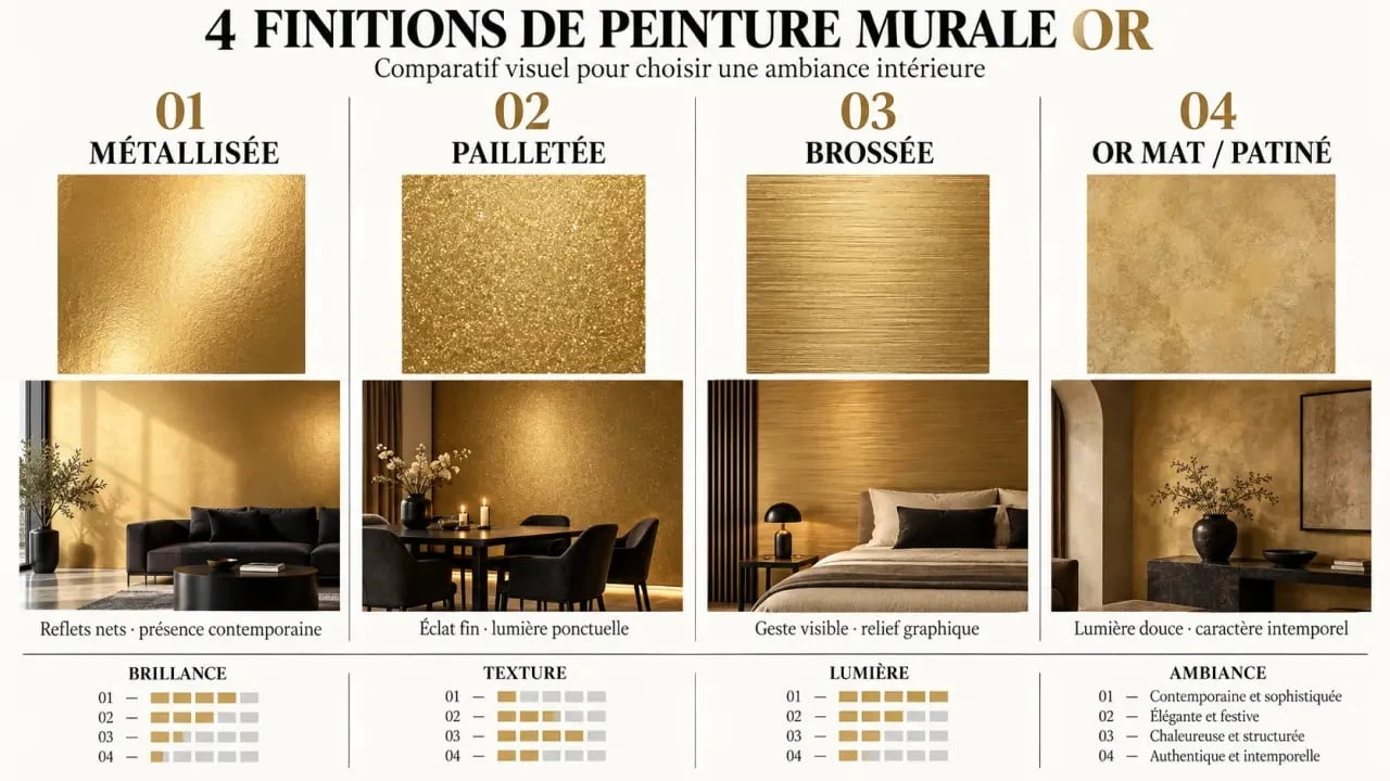 Infographie des finitions de peinture murale or : métallisée, pailletée, brossée et patinée