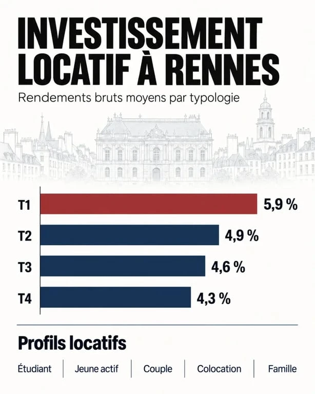 Infographie sur l'investissement locatif à Rennes et les rendements bruts moyens par typologie