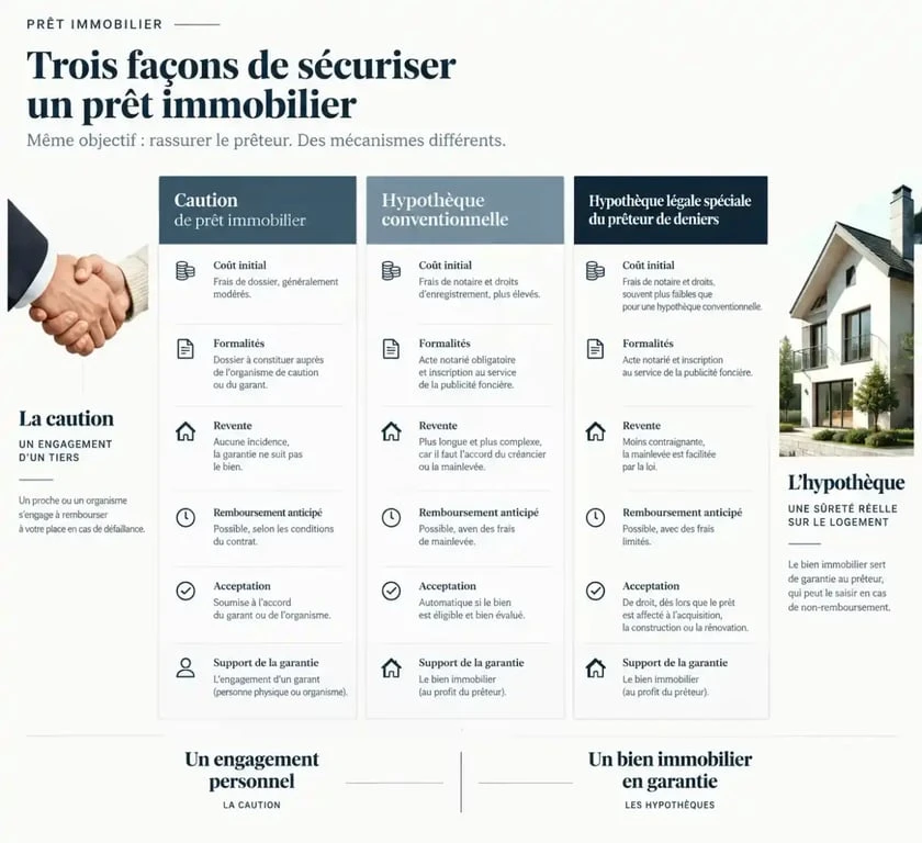 Infographie comparative de la caution prêt immobilier, de l’hypothèque et de l’hypothèque légale spéciale
