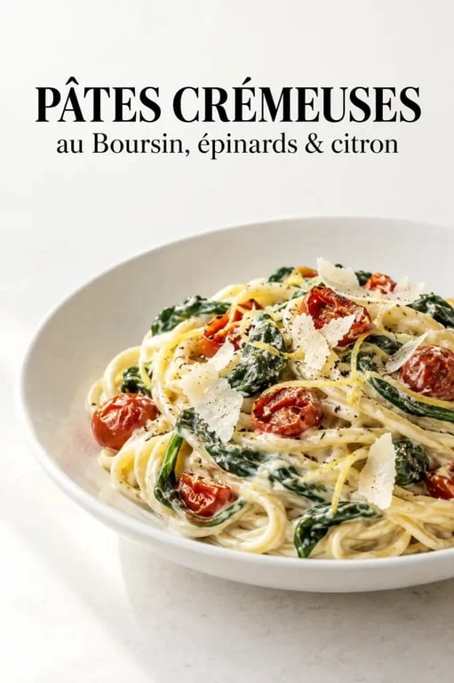 Boursin recettes cuisine : pâtes crémeuses aux épinards, citron et tomates cerises