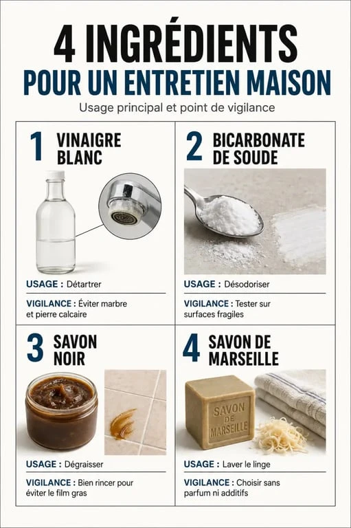 Produit d entretien maison : comparaison visuelle du vinaigre blanc, du bicarbonate de soude, du savon noir et du savon de Marseille