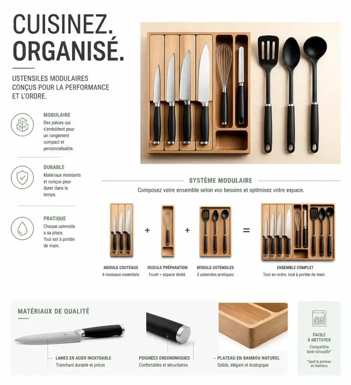 Set d'ustensiles de cuisine Mathon pour une organisation optimale de vos tiroirs.