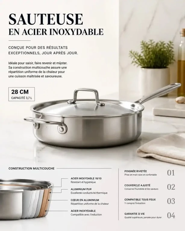 Poêle sauteuse en inox de la gamme Mathon pour une cuisine professionnelle.