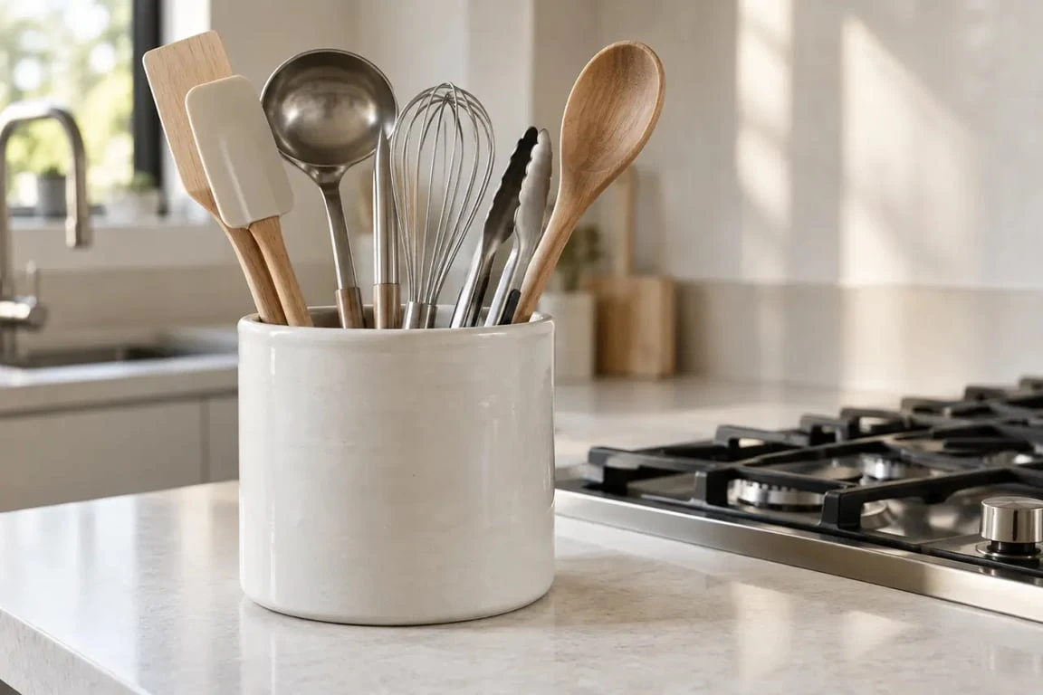 Pot pour ustensiles de cuisine stable et accessible près de la plaque de cuisson
