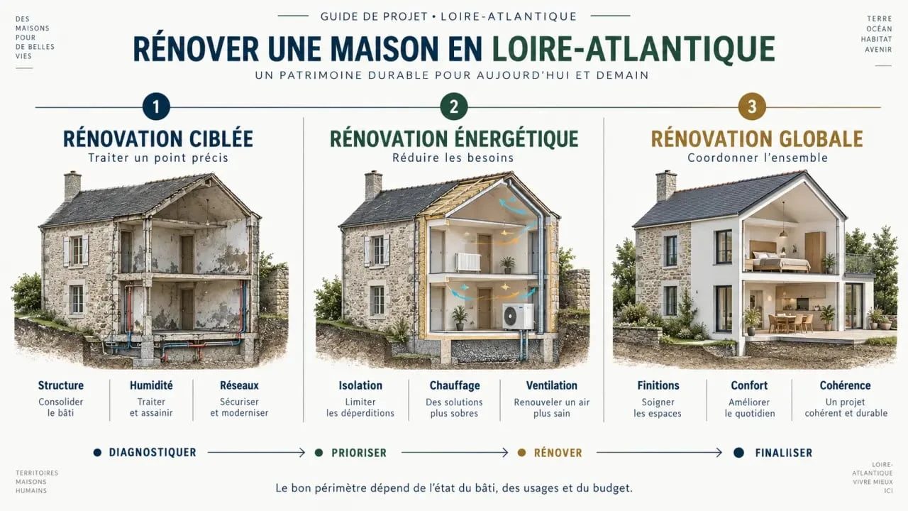 Infographie sur les étapes d’une rénovation de maison en Loire-Atlantique, de la rénovation ciblée à la rénovation globale