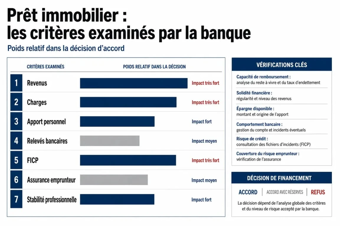 Que vérifie la banque pour un prêt immobilier : revenus, charges, apport, relevés bancaires et FICP
