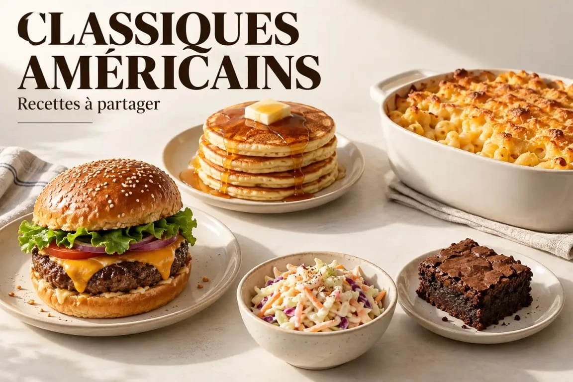 Cuisine américaine recettes : assortiment de burger, pancakes, mac and cheese et brownie