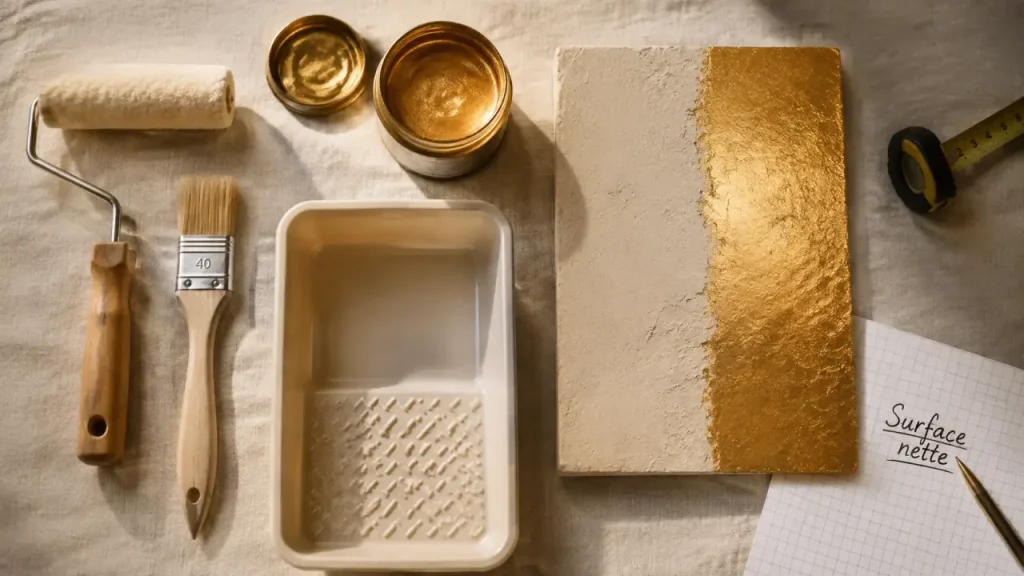Peinture murale dorée : échantillon de finition métallique et surface nette