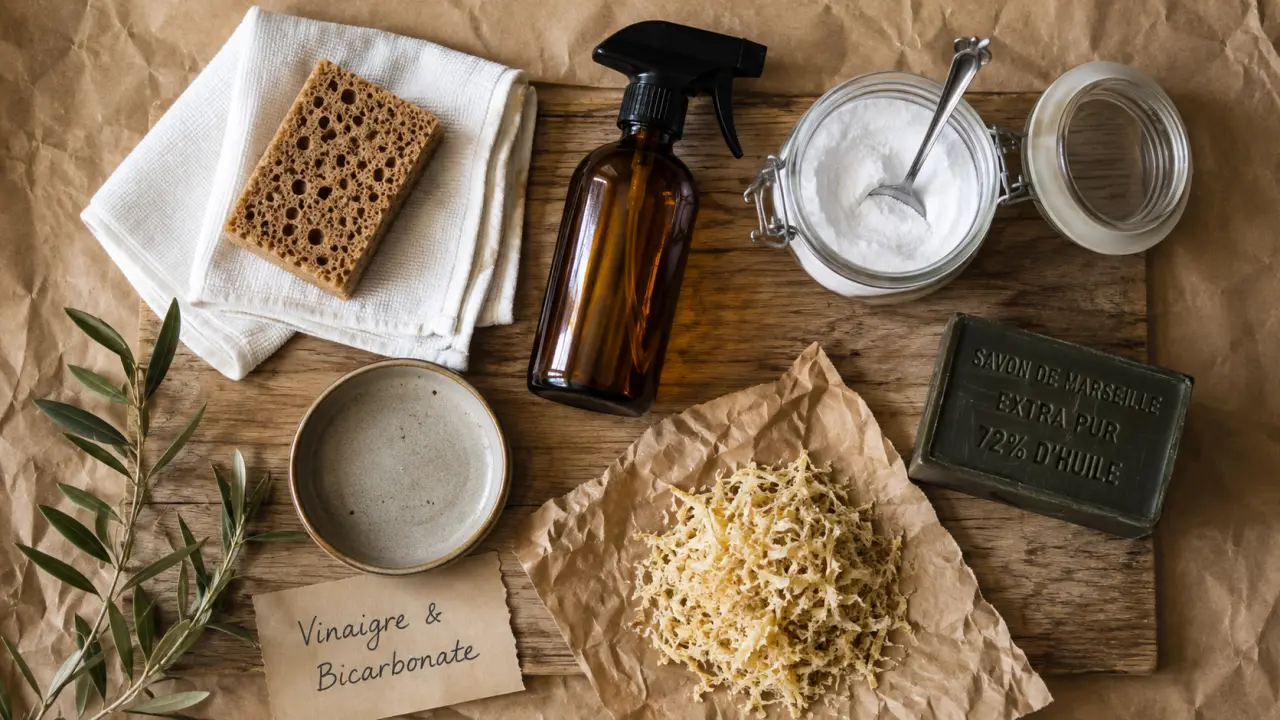 Produit d entretien maison : vinaigre blanc, bicarbonate et savon noir