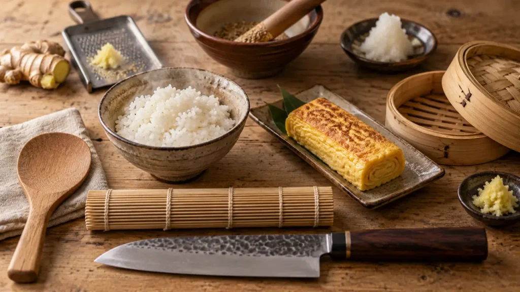 Cuisine japonaise ustensiles : santoku, shamoji, makisu et suribachi
