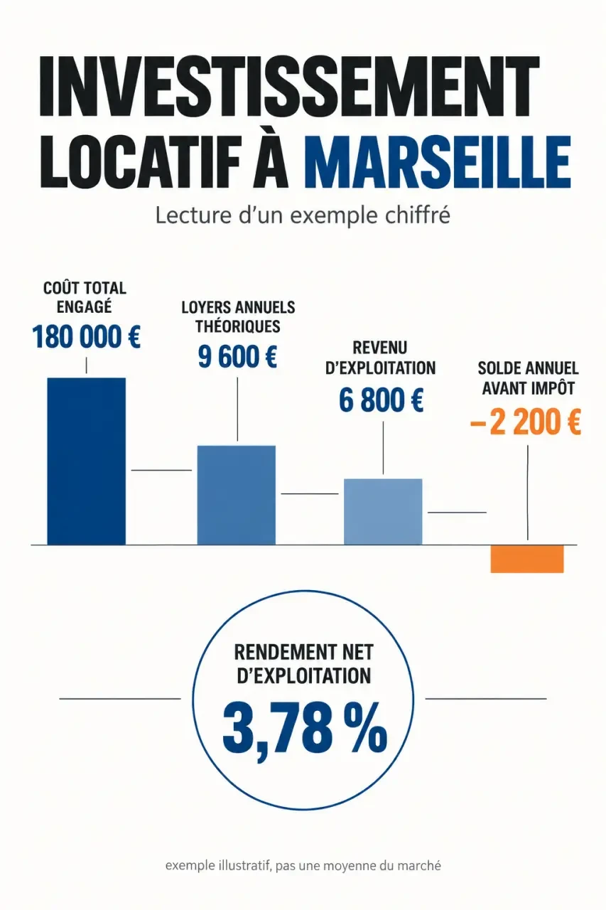 Investissement locatif Marseille : exemple visuel du calcul du rendement brut, net et du solde après crédit