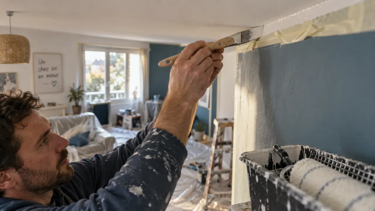 Pinceau pour peinture murale à rechampir le long d’un angle plafond/mur, avec rouleau et bac à peinture.