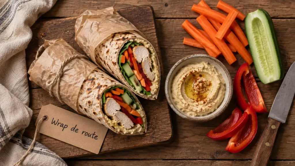 Wrap de route sans fast-food, recettes de cuisine style routier, poulet houmous et légumes